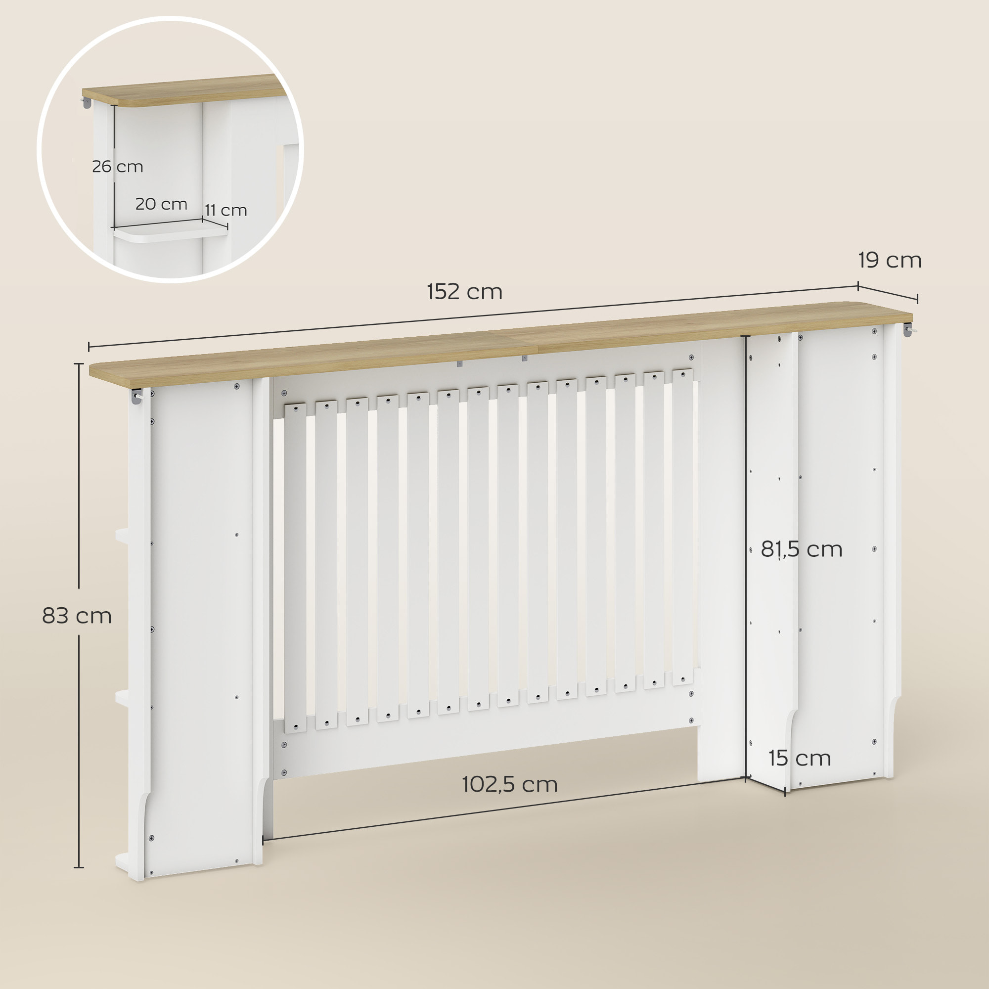 Cubre Radiadores con Estantes, Cubreradiador de MDF, Cubierta para Radiador, Diseño Moderno de Listones, para Salón, Dormitorio, 152x19x83 cm, Blanco