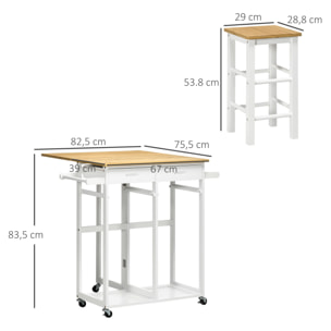 Ensemble table de bar pliable sur roulettes avec 2 tiroirs - 2 tabourets inclus - bois bambou verni et blanc