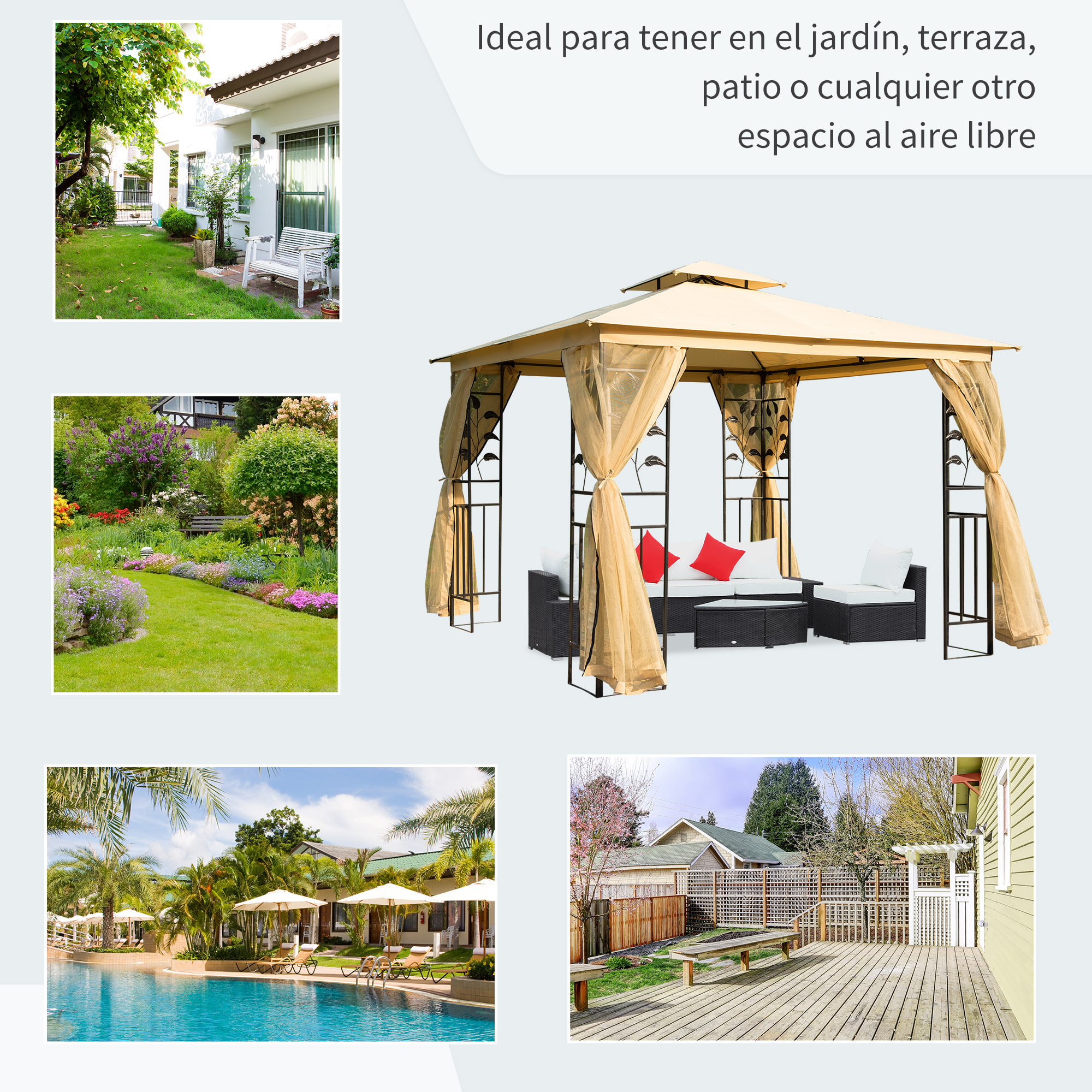 Cenador de Jardín 3x3x2,72 m Gazebo Carpas para Exterior Grandes con Doble Techo Mosquiteras y Marco de Acero para Patio Fiesta Beige