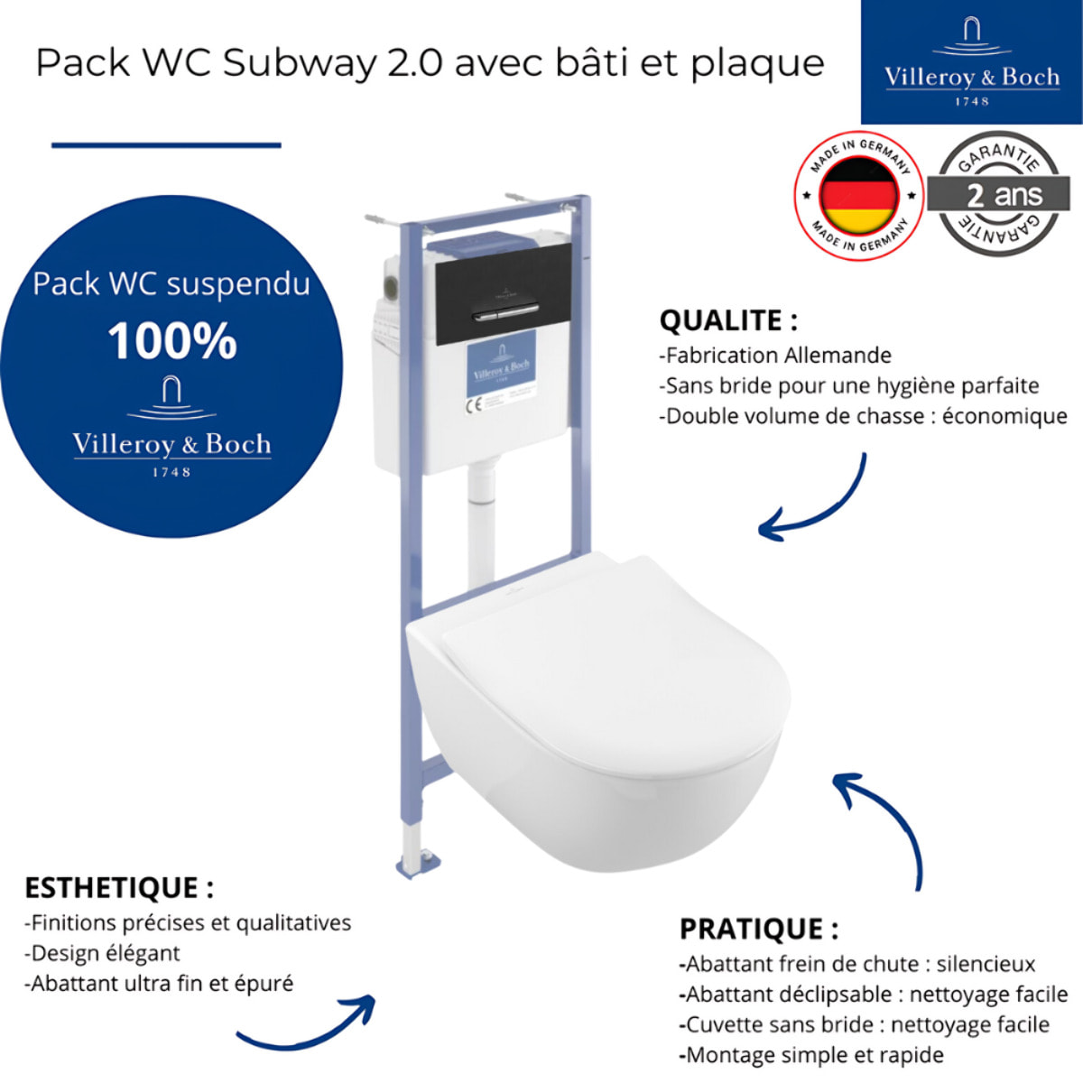 Pack WC sans bride Subway 2.0 avec abattant frein de chute + bâti Viconnect PRO + plaque noir mat