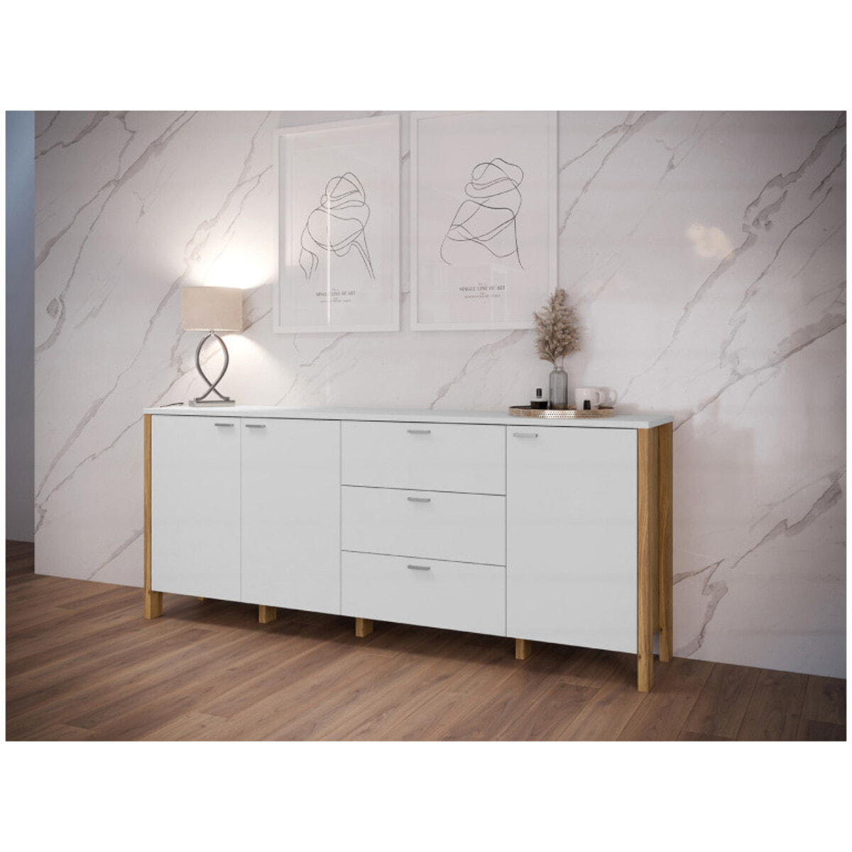 Buffet L208 cm 3 tiroirs 3 portes décor chêne et gris clair - BOLERO