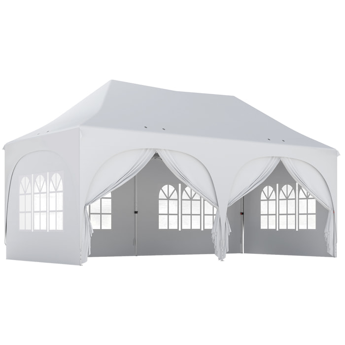 Tonnelle pliante 3x6m imperméable anti-UV, barnum avec 6 parois & 6 sacs de sable - tente de réception 12 trous de drainage - pavillon pop-up, 4 fenêtres église pour mariage, marché - blanc