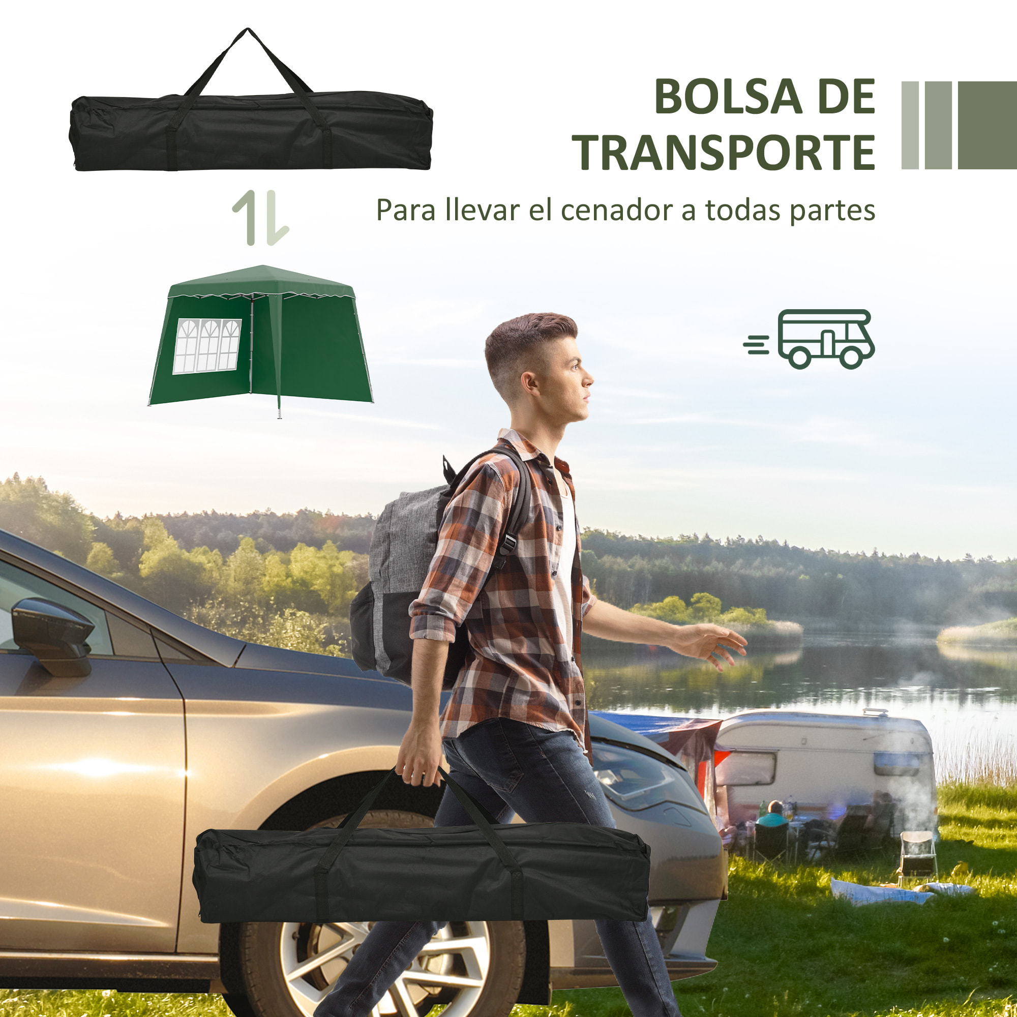 Carpa Plegable con 2 Paredes Laterales 2,89x2,89 m Cenador Pabellón de Jardín con Altura Ajustable y Bolsa de Transporte Protección UV50+ para Exterior Patio Verde