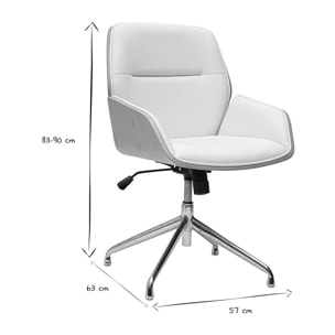 Chaise de bureau design pivotante 360° blanche, bois clair et métal chromé MARLOW