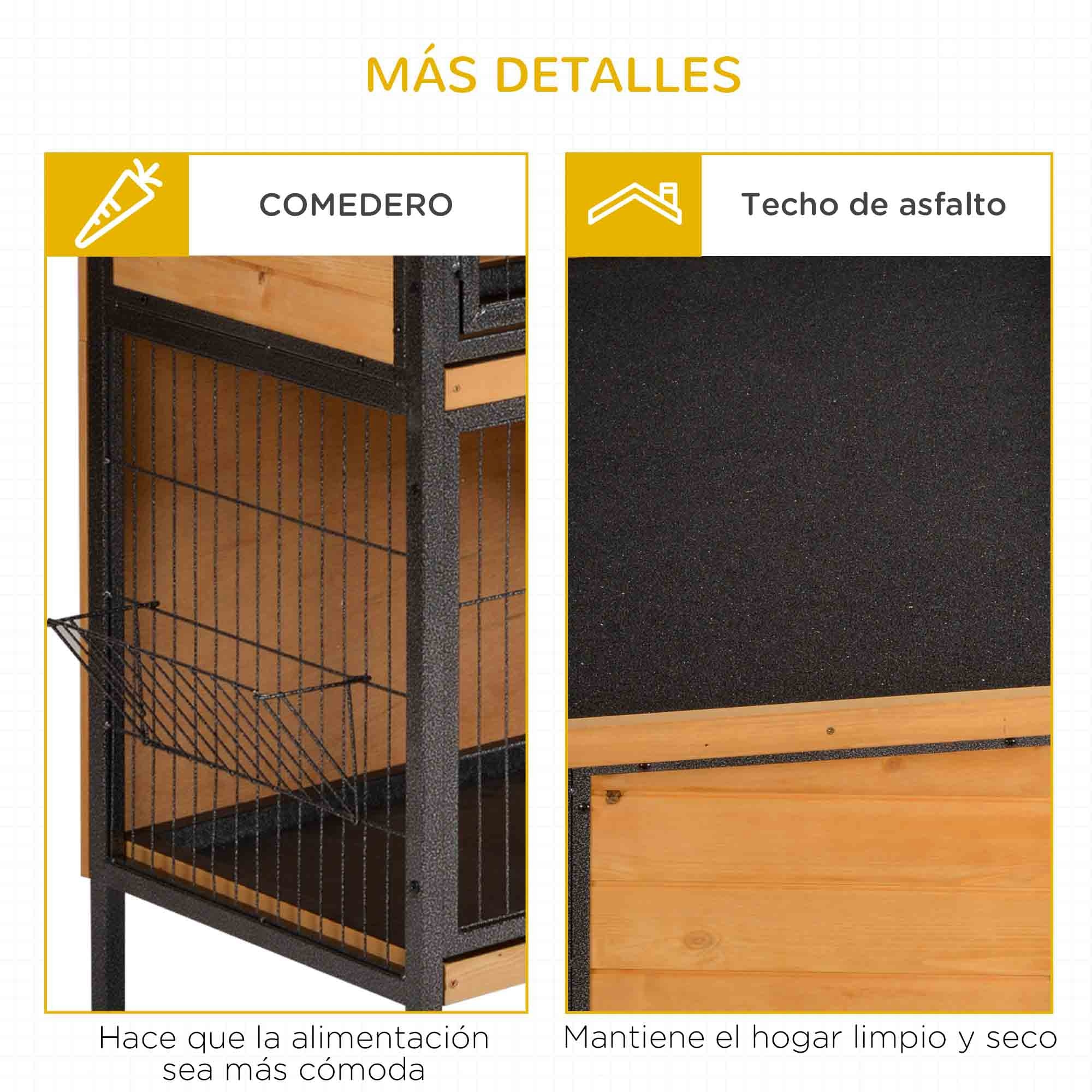 Conejera de Madera de 2 Niveles Jaula para Conejos con Techo Asfáltico Abatible Puertas con Pestillo Bandejas Extraíbles y Rampa Conejera para Exterior 122x50x101 cm Natural y Negro