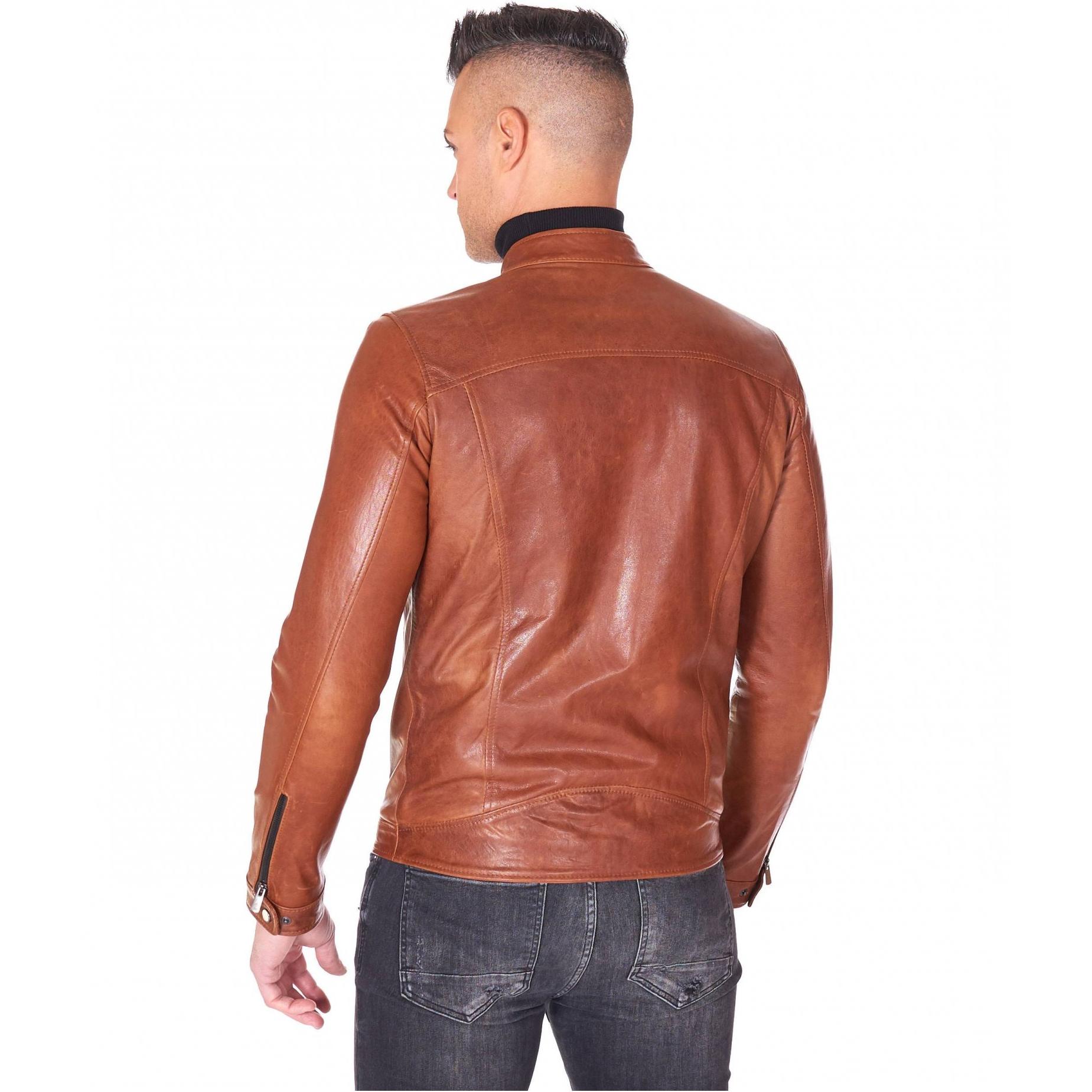 Giacca biker in pelle pull up color cuoio effetto vintage