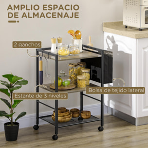 Carrito Auxiliar con Ruedas Carrito de Almacenamiento de 3 Niveles con Bolsa de Tela 2 Ganchos y Marco de Acero para Salón Cocina Comedor 66x40x80,5 cm Gris