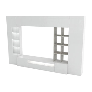 Parete attrezzata Azuro, Set salotto porta TV, Mobile soggiorno multiuso, 100% Made in Italy, cm 290x40h192, Bianco lucido e Cemento