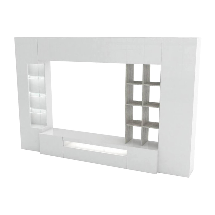 Parete attrezzata Azuro, Set salotto porta TV, Mobile soggiorno multiuso, 100% Made in Italy, cm 290x40h192, Bianco lucido e Cemento
