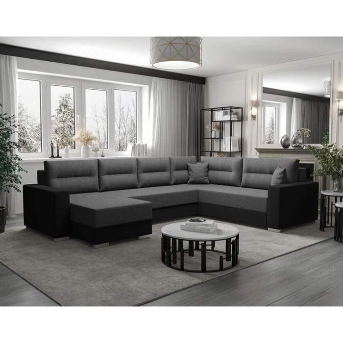 Leslie - Canapé panoramique d'angle réversible 7 places convertible avec coffre en tissu - Gris / Noir