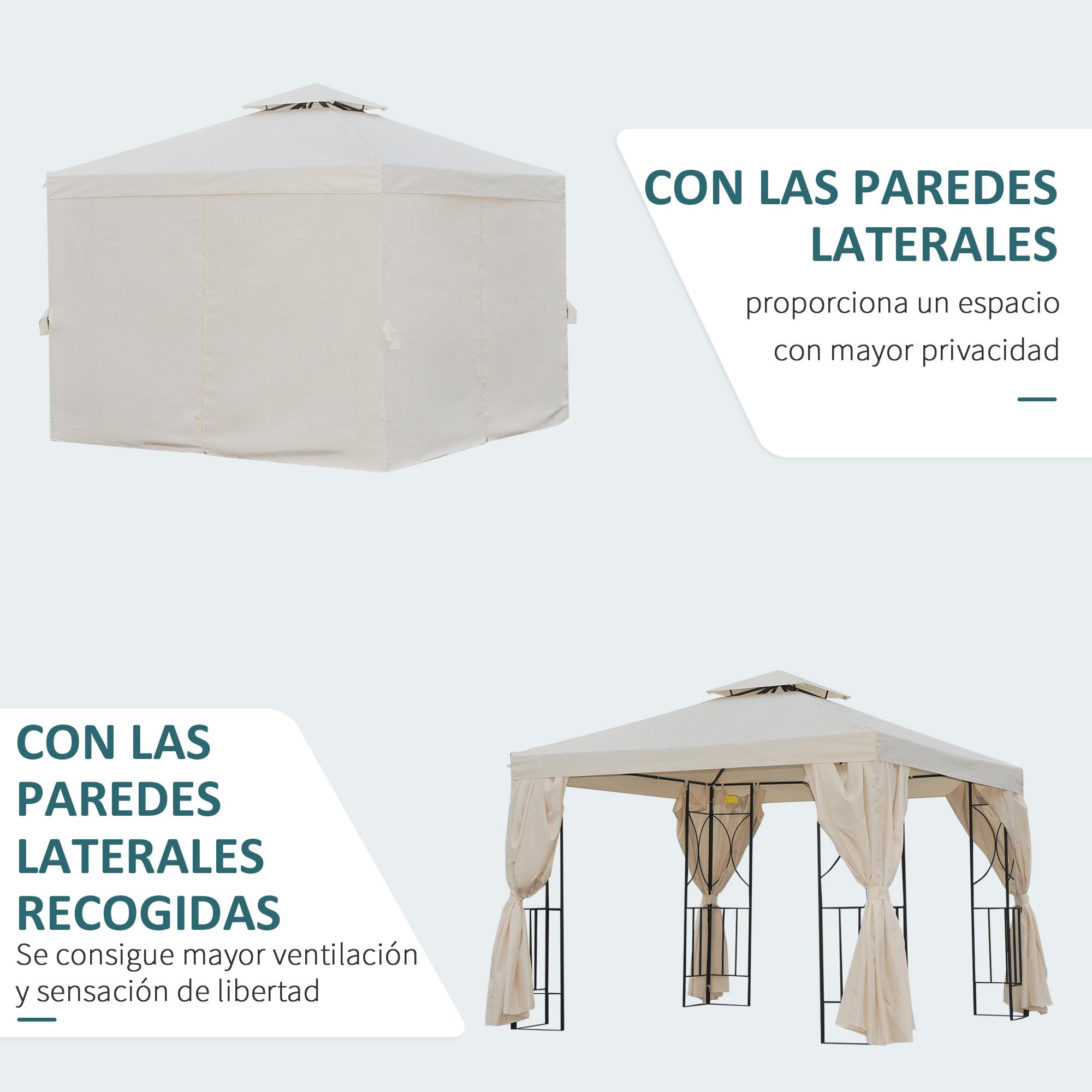 Cenador de Jardín 3x3 m con 4 Cortinas Laterales Extraíbles de Cremallera Beige