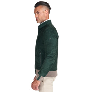 Giubbotto bomber in pelle scamosciata verde collo coreana