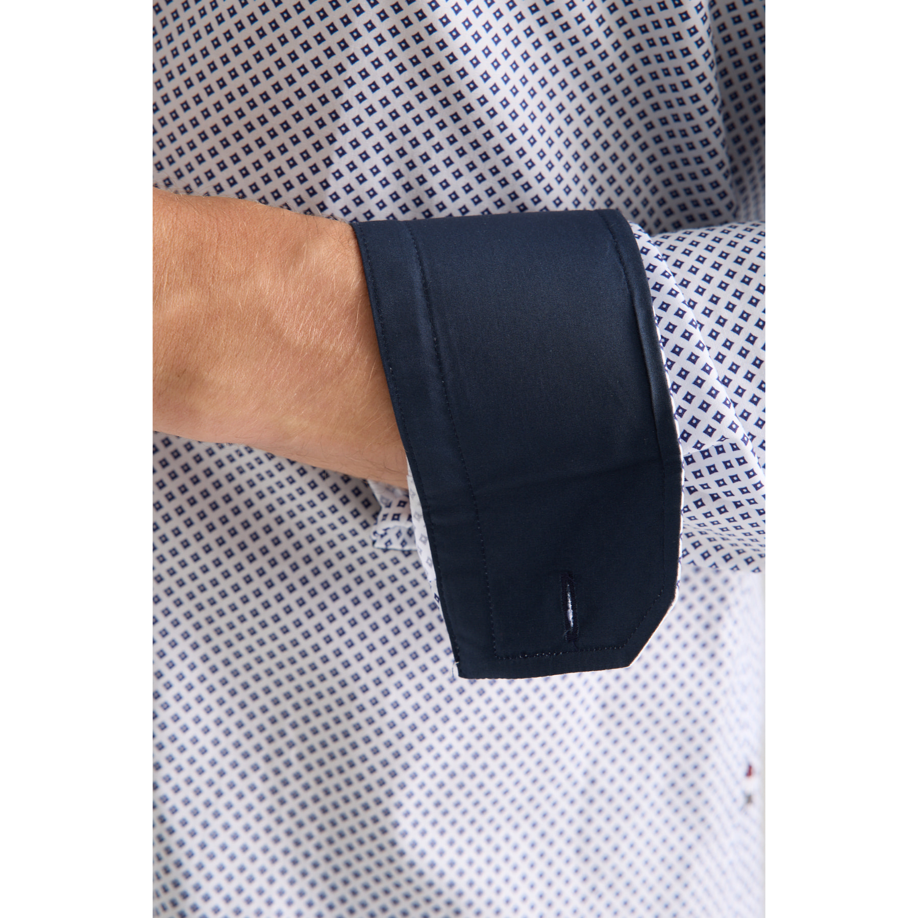 Camicia Uomo 2 Bottoni Button Down Doppio Coll Popeline Stretch Stampato Bianco e Blu