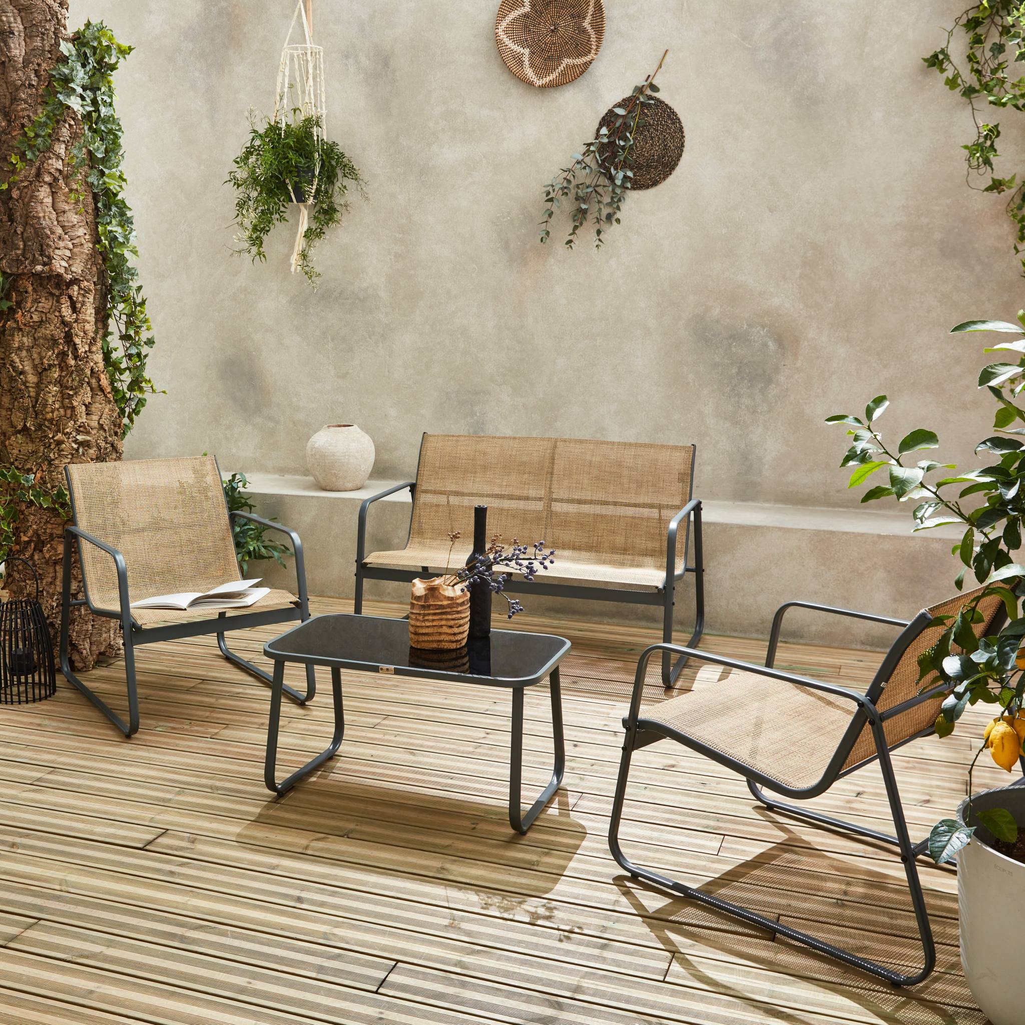 Salon de jardin en métal  et textilène pour 4 personnes. anthracite et naturel. design