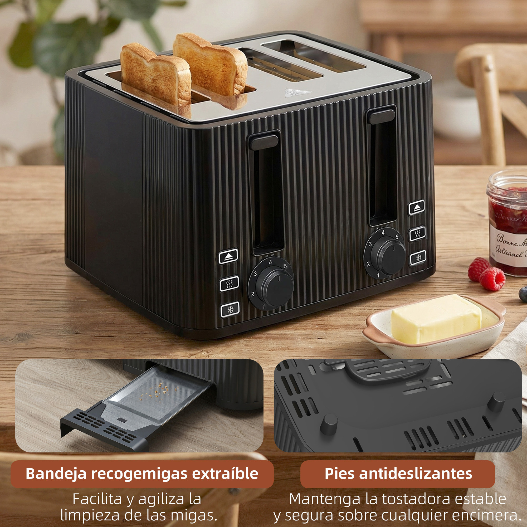 Tostadora 4 Ranuras Anchas, Tostador de Pan, 7 Niveles de Tostado, Función Descongelar, Recalentar y Cancelar, Bandeja de Migas Extraíble, 1710W, Negro