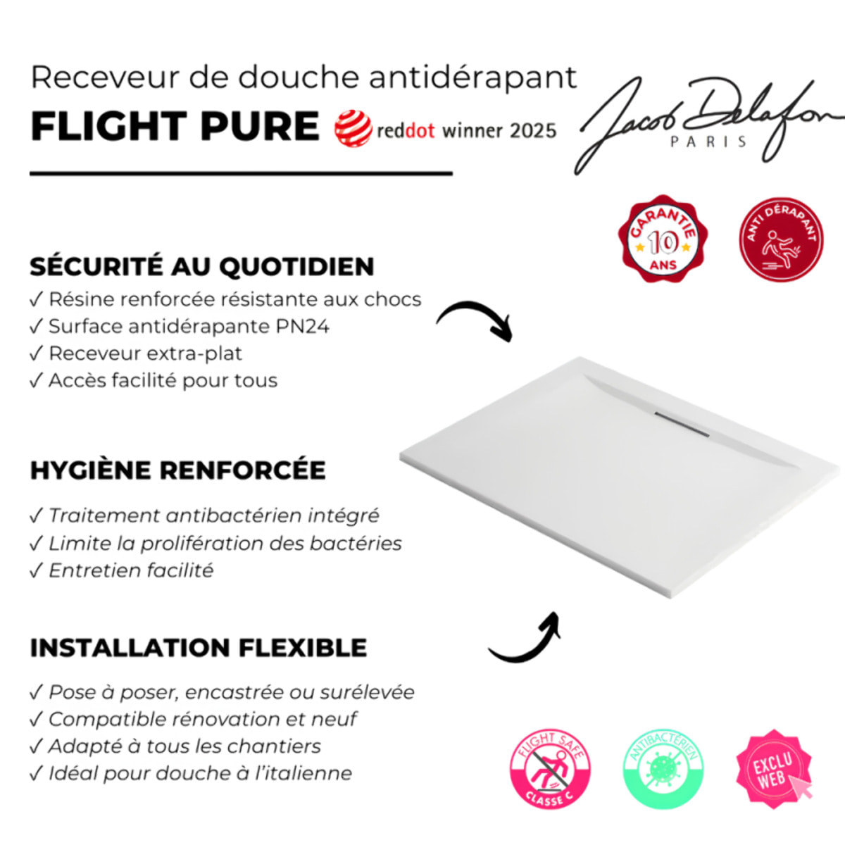 Receveur de douche antidérapant Flight Pure extra-plat, sans ressaut 170 x 80, rectangle