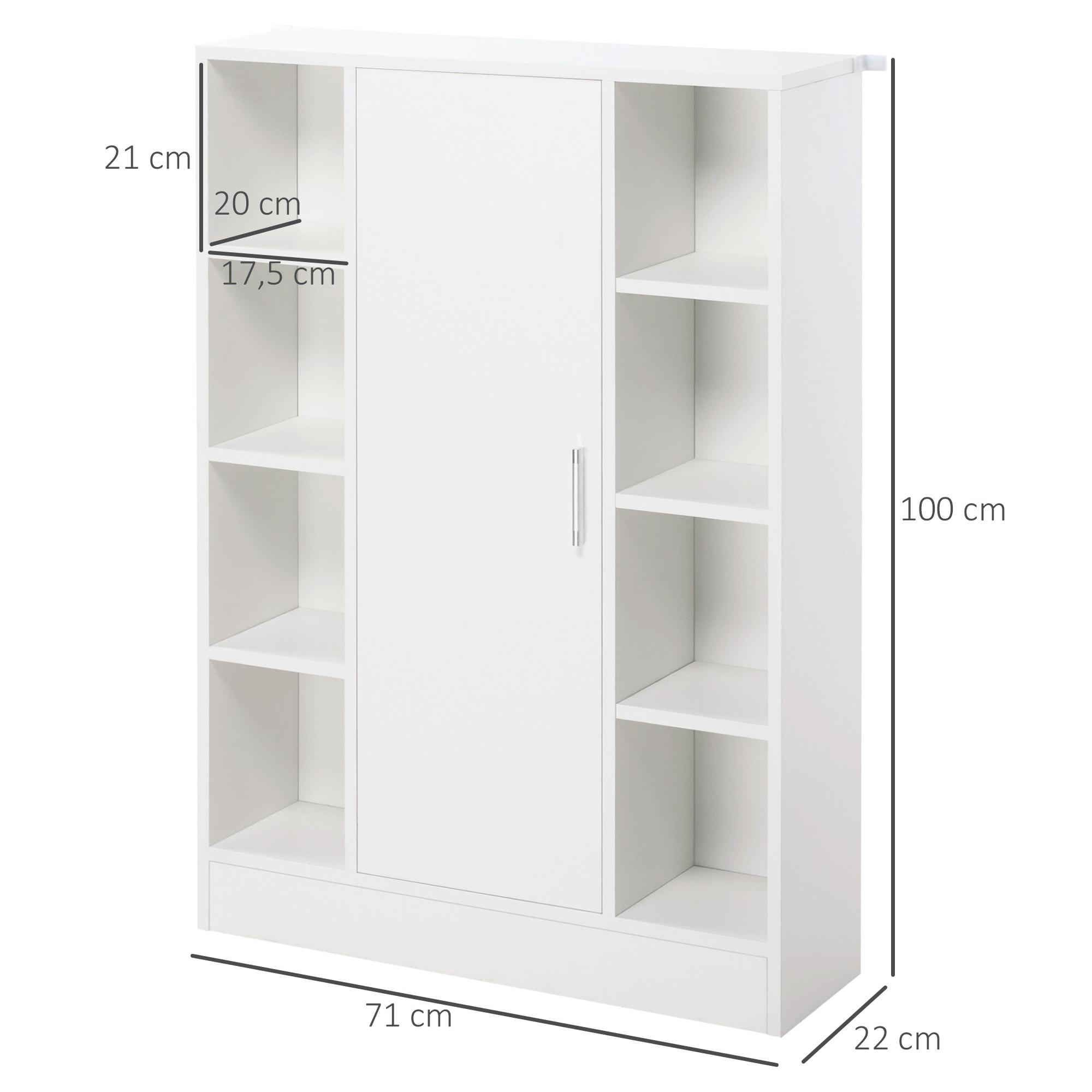 kleankin Armario de Suelo para Baño de Madera con 8 Compartimentos Abiertos y 1 Puerta con Estantes Ajustables Mueble Auxiliar Multiusos para Cocina Salón 71x22x100 cm Blanco