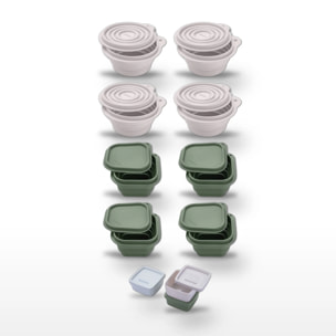 Set 8 Boites à Snacks Pliables en Silicone Blanc et Vert, et 3 boîtes à sauce Fackelmann Storage