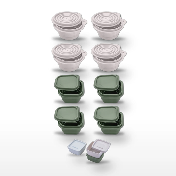 Set 8 Boites à Snacks Pliables en Silicone Blanc et Vert, et 3 boîtes à sauce Fackelmann Storage