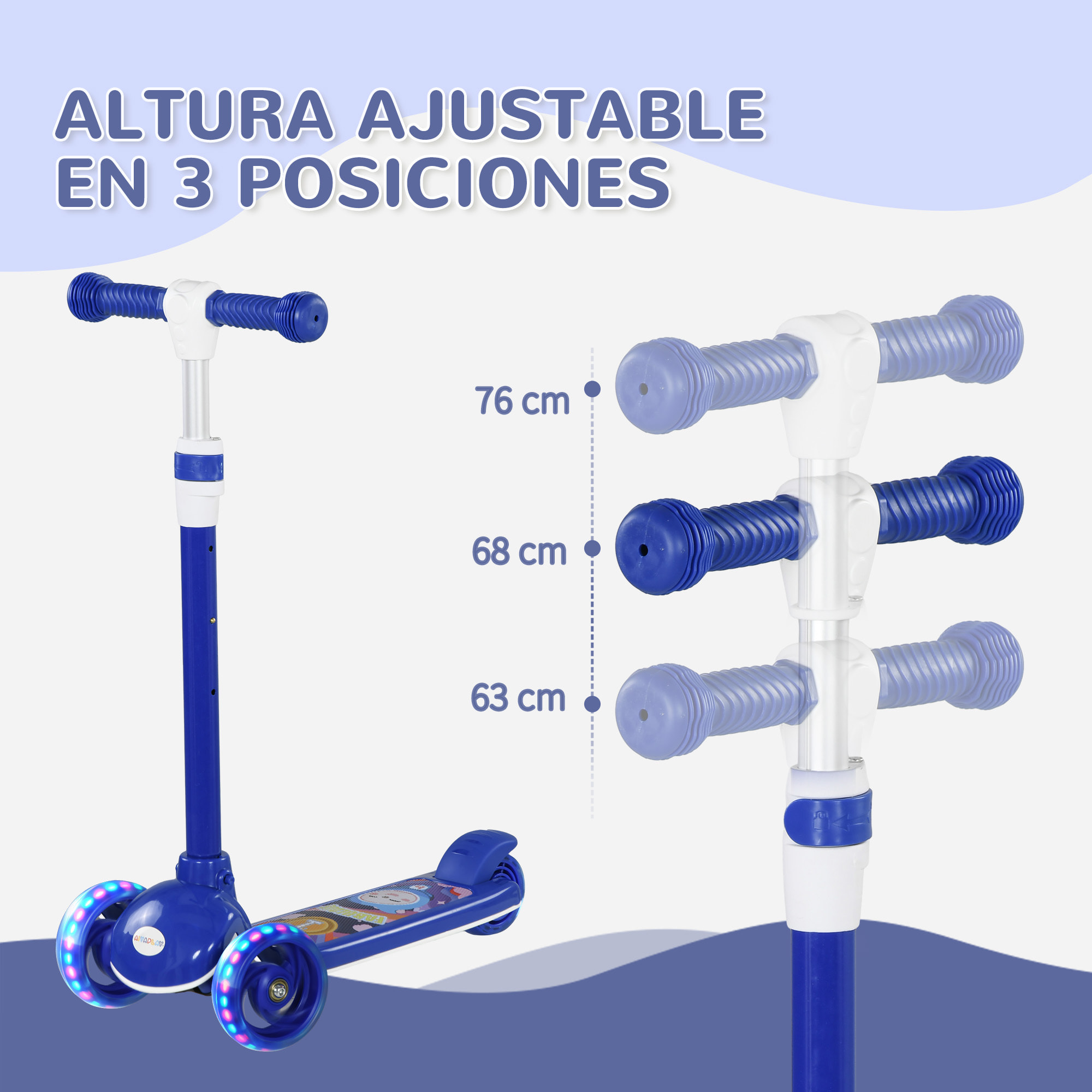 Patinete para Niños de 2-6 Años Patinete Infantil Patinete con 3 Ruedas Luces LED Altura Ajustable Carga 25 kg 52x29x63-76 cm Azul