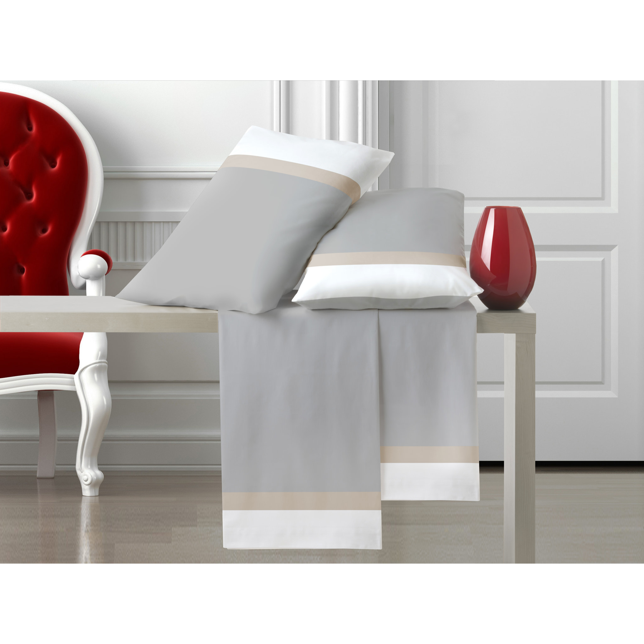 Completo letto doppia balza RASO IPERSAN Puro Cotone Bianco/Panna fondo Grigio