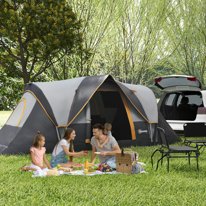 Tente de camping familiale 5-6 pers. - grande porte + 3 fenêtres - fibre verre polyester oxford gris orange