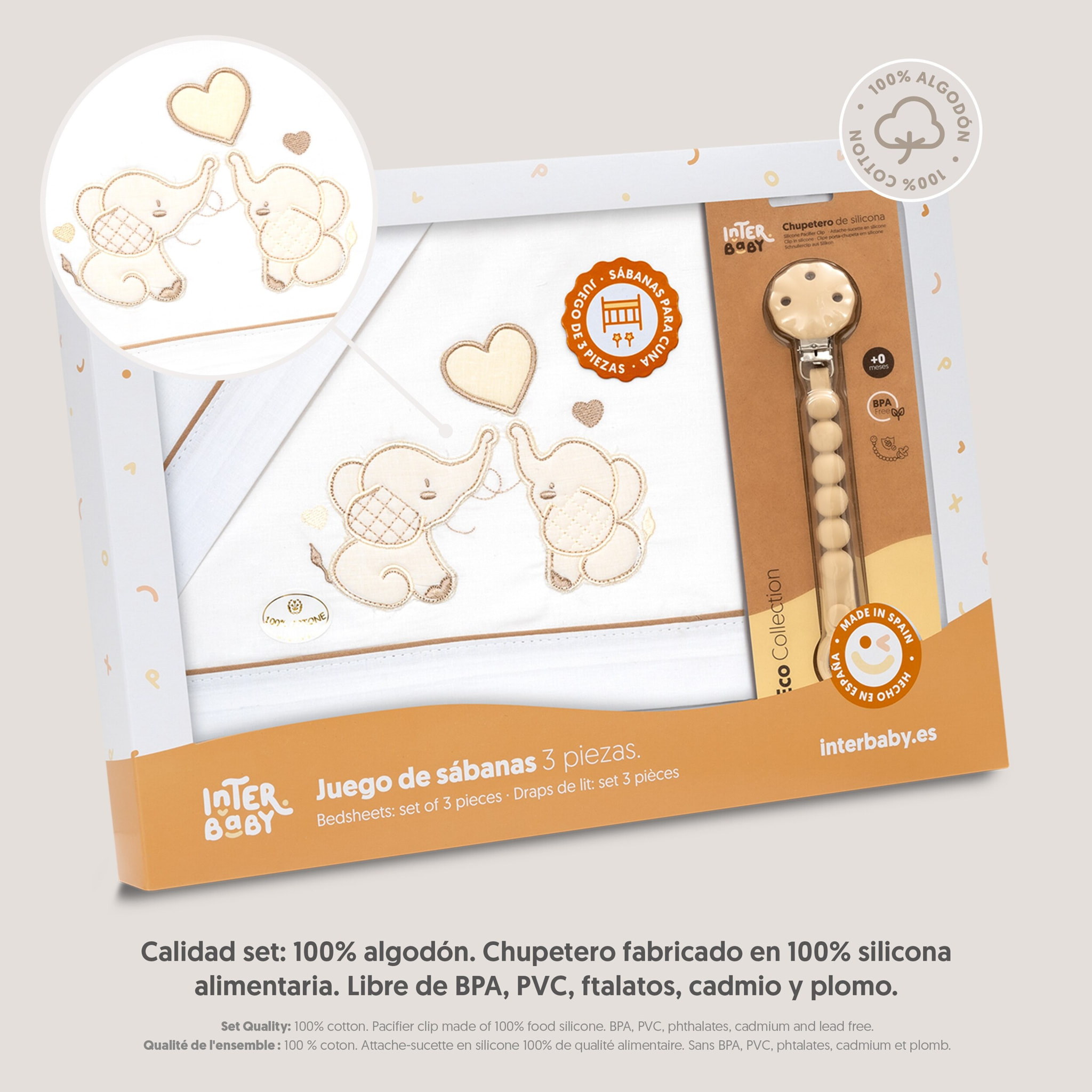 Triptico Cuna Parejita Elefante + Broche Bco/Beig