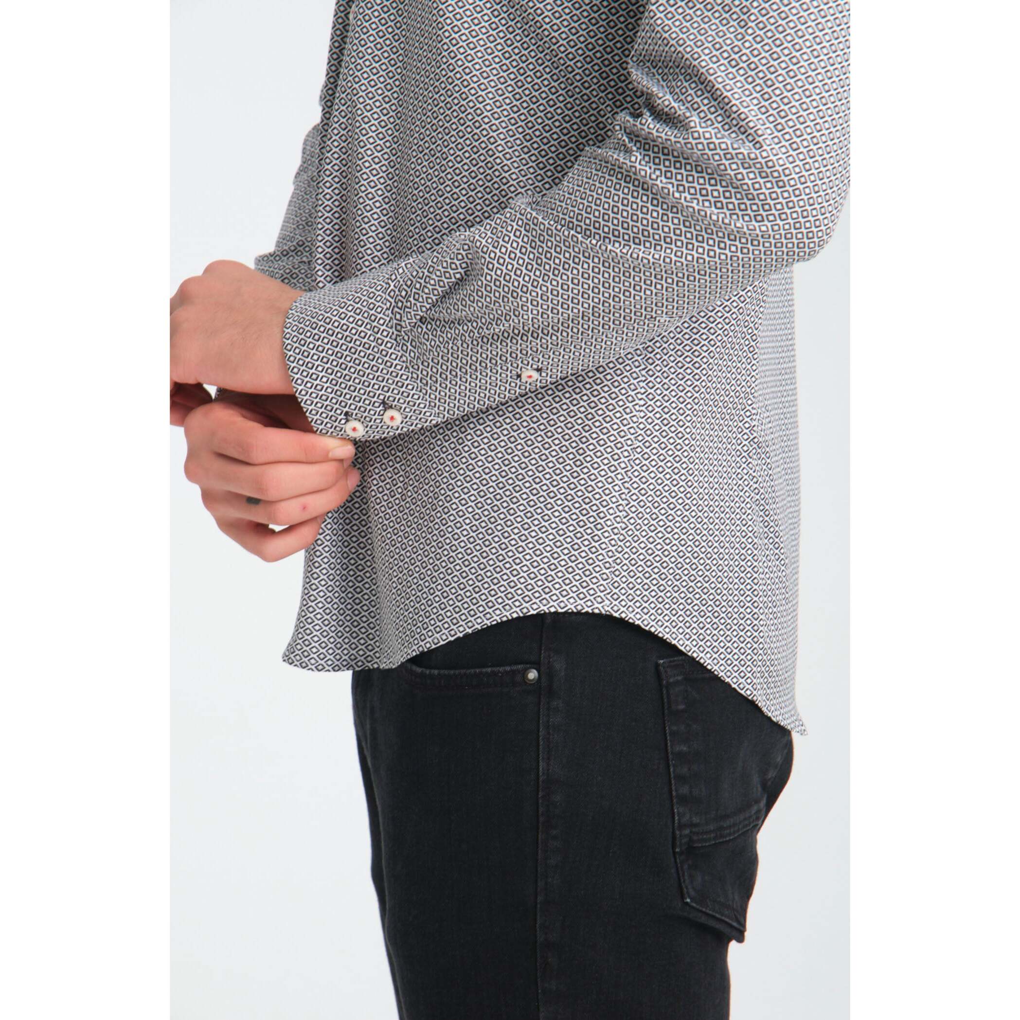 Camicia Uomo 2 Bottoni Button Down 7bottoni Doppio Coll Popeline Stretch Stampato Bianco/Nero
