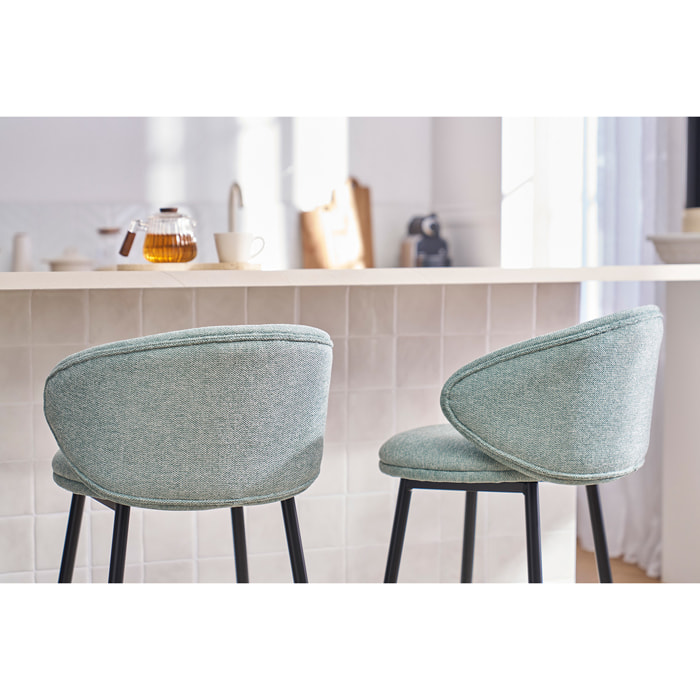 Tabourets de bar design en tissu effet velours texturé vert céladon et métal noir (lot de 2) ROSALIE