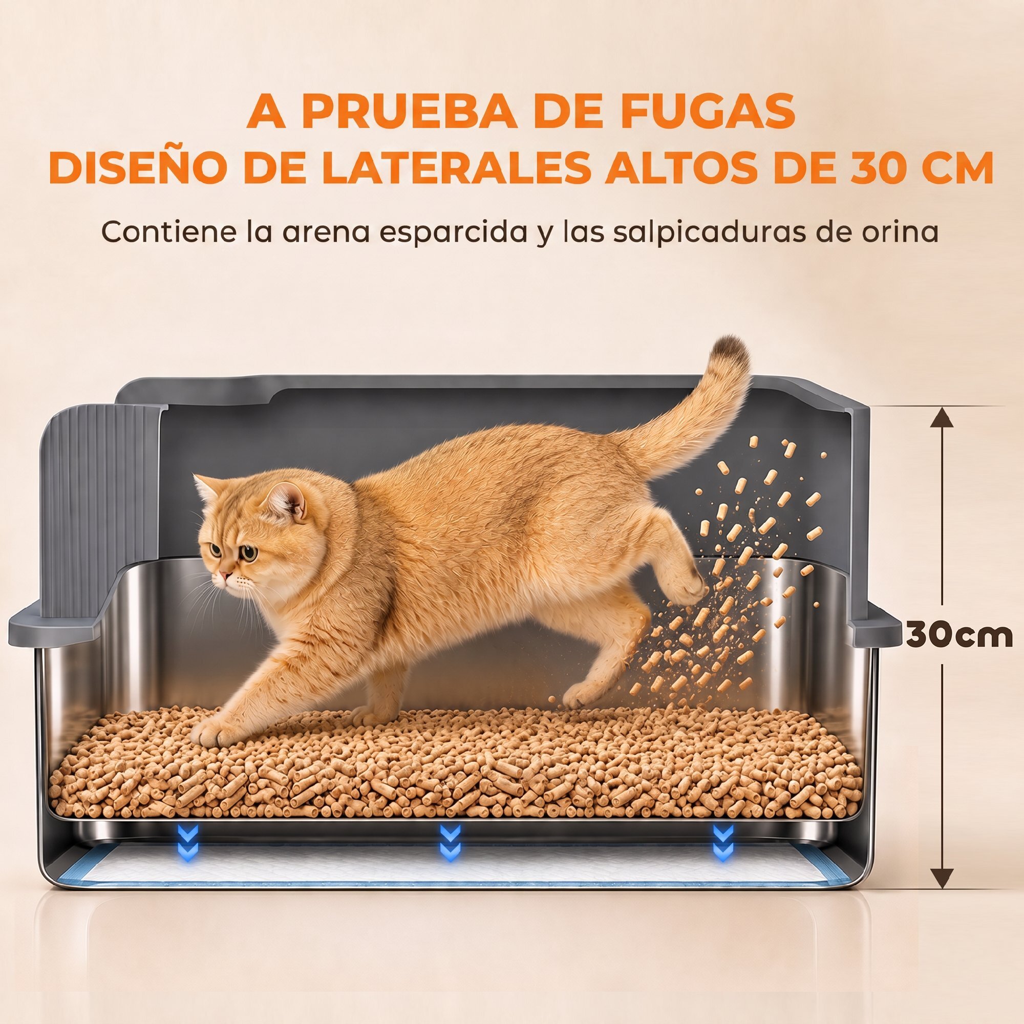 Arenero para Gatos de Acero Inoxidable L con Bandeja de Tamizado, Caja de Arena, Borde Alto, Pala, 10 Empapadores, Pellets de Pino +6 mm, Fácil de Limpiar, Antifugas, Antiadherente, Gris Oscuro