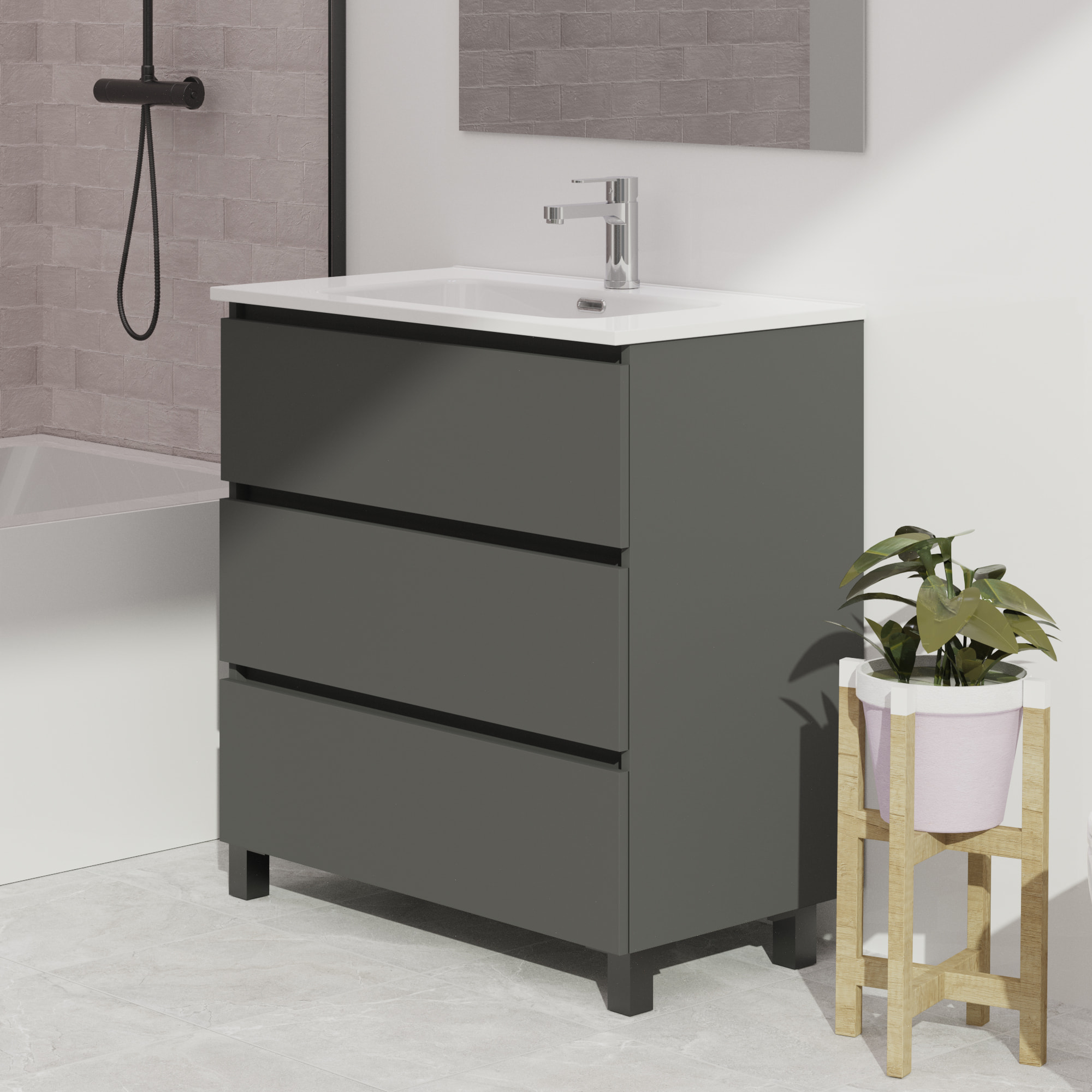 Conjunto de baño Wink | 80 cm Gris Mate | Tres cajones | Lavabo encastrado | No incluye espejo | Mueble montado | Alday