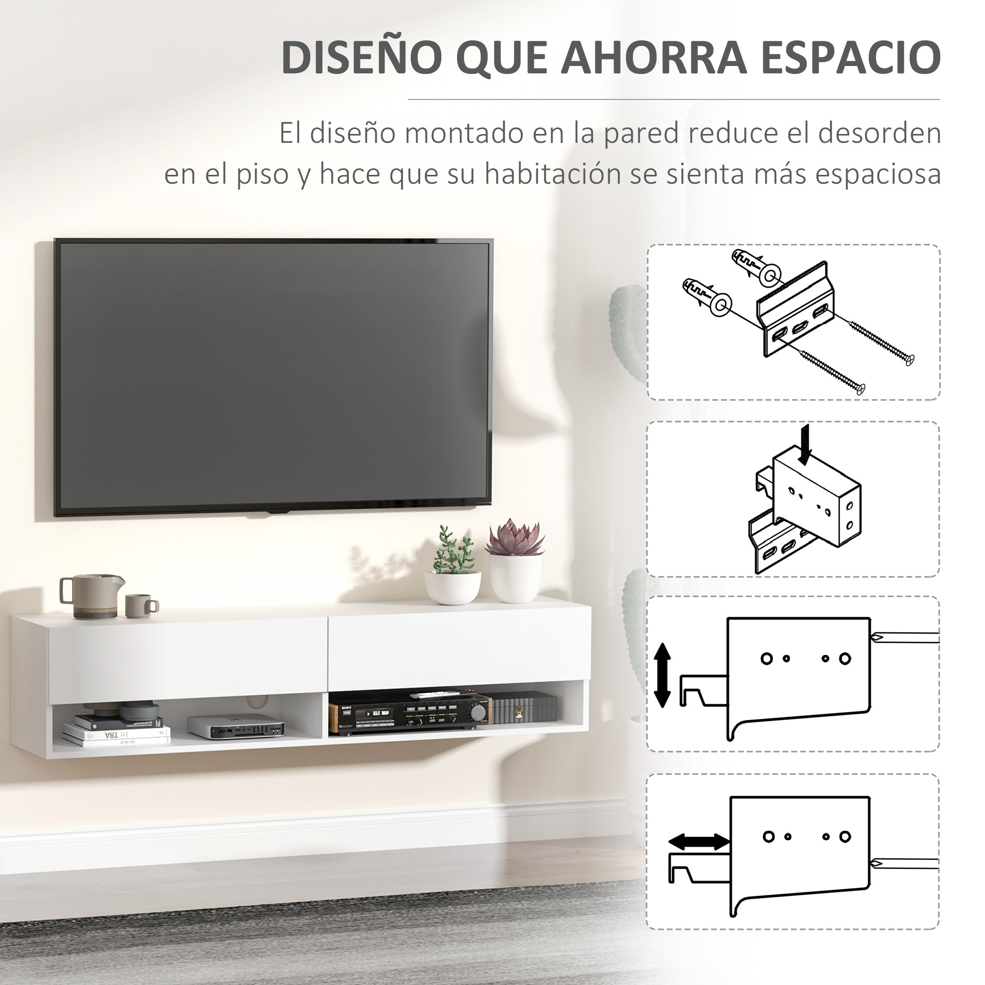 Mueble de TV de Pared Mueble de TV para Salón con 2 Compartimentos y 2 Armarios con Puertas Abatibles Mueble para Televisión de 60 Pulgadas 140x32x31 cm Blanco