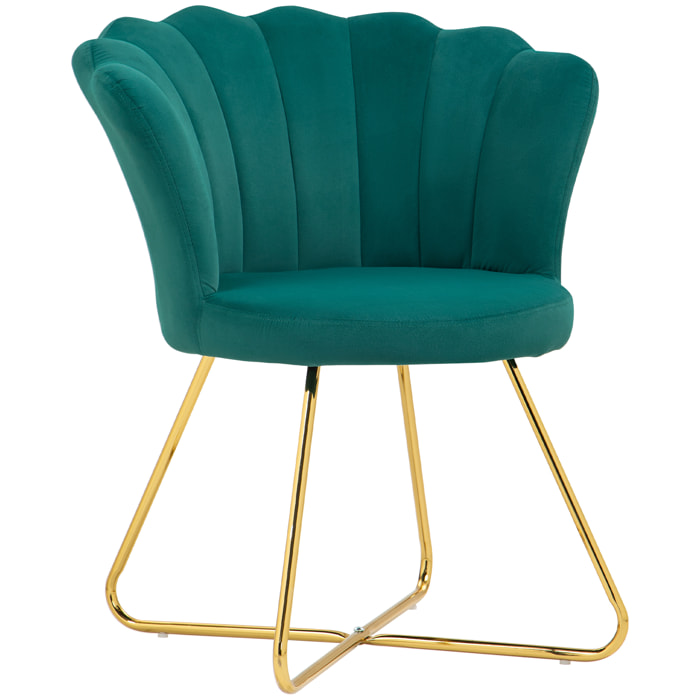 Fauteuil design coquillage piètement acier doré velours vert émeraude