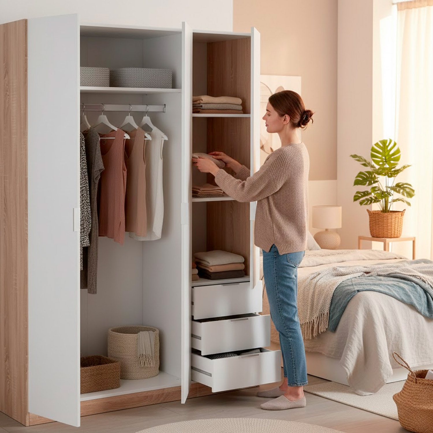 Armadio Guardaroba 3 Ante Con Asta Appendiabiti 3 Ripiani E 3 Cassetti Stile Nordico Salvaspazio Camera Da Letto 121 x 52 x 180 Cm Bianco E Rovere