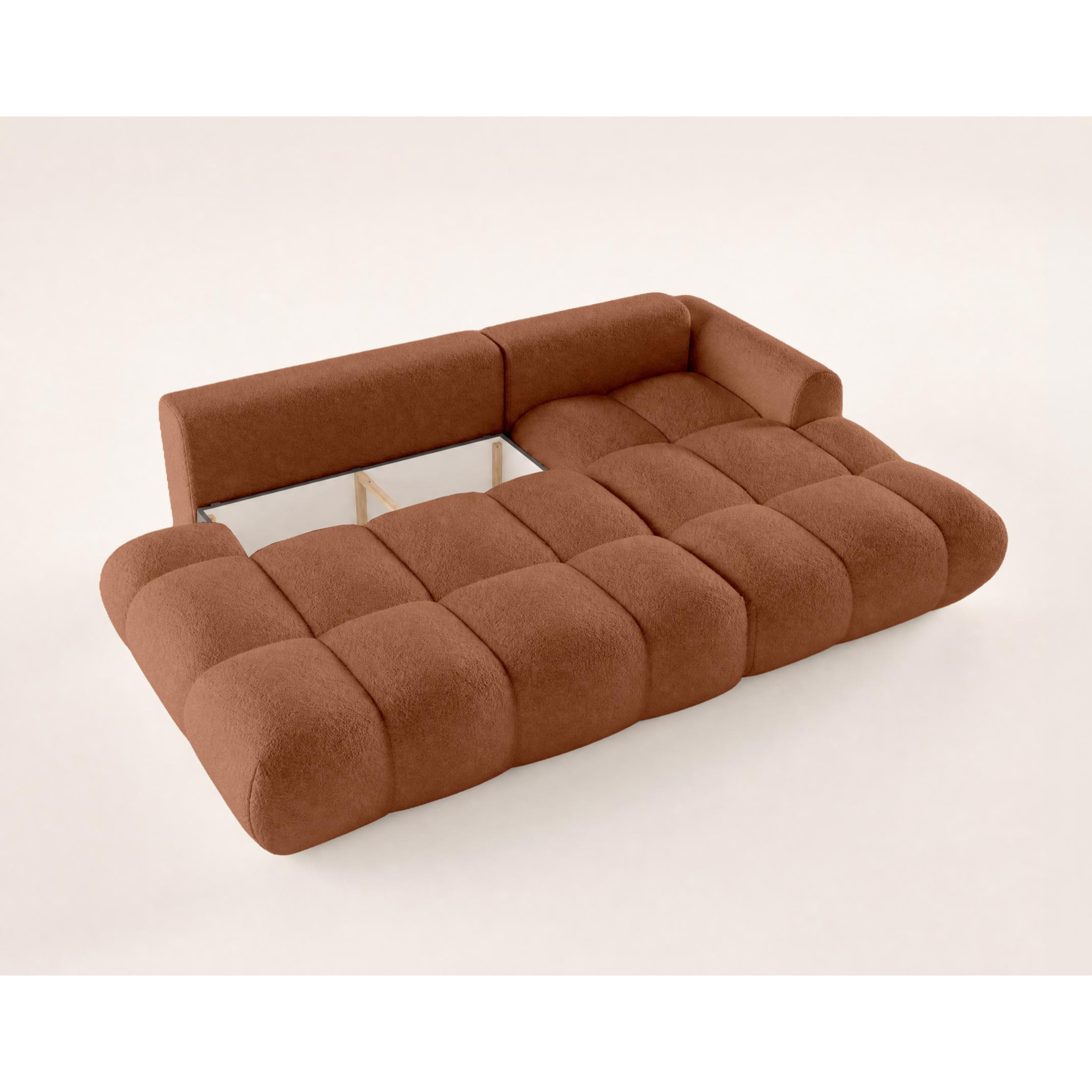 Yulin - Canapé d'angle ouvert droit 4 places convertible avec coffre en tissu bouclette - Rouille