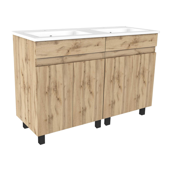 Meuble de salle de bains 120cm 4 Portes_Chêne Naturel + Vasque céramique blanche - TIMBER 120