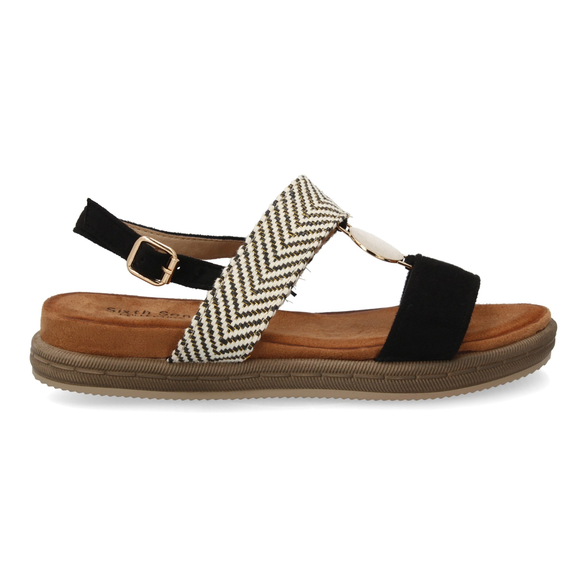 Sandalia mujer cómoda doble tira y adorno metálico