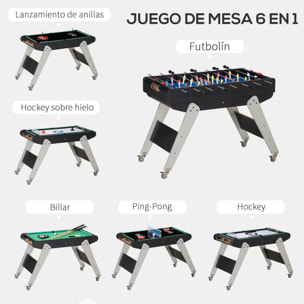 Mesa Multijuegos 6 en 1 con Ruedas Billar Futbolín PingPong Hockey 120x88x79 cm