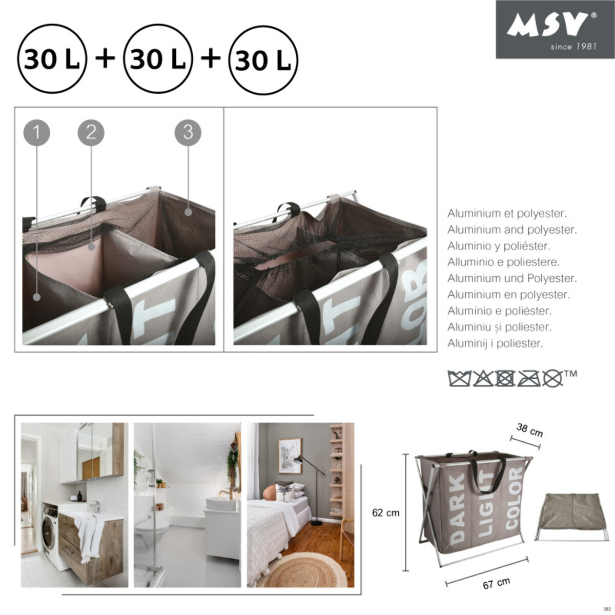 Panier à  linge 3 compartiments DARK LIGHT COLOR (3x30L) Taupe MSV