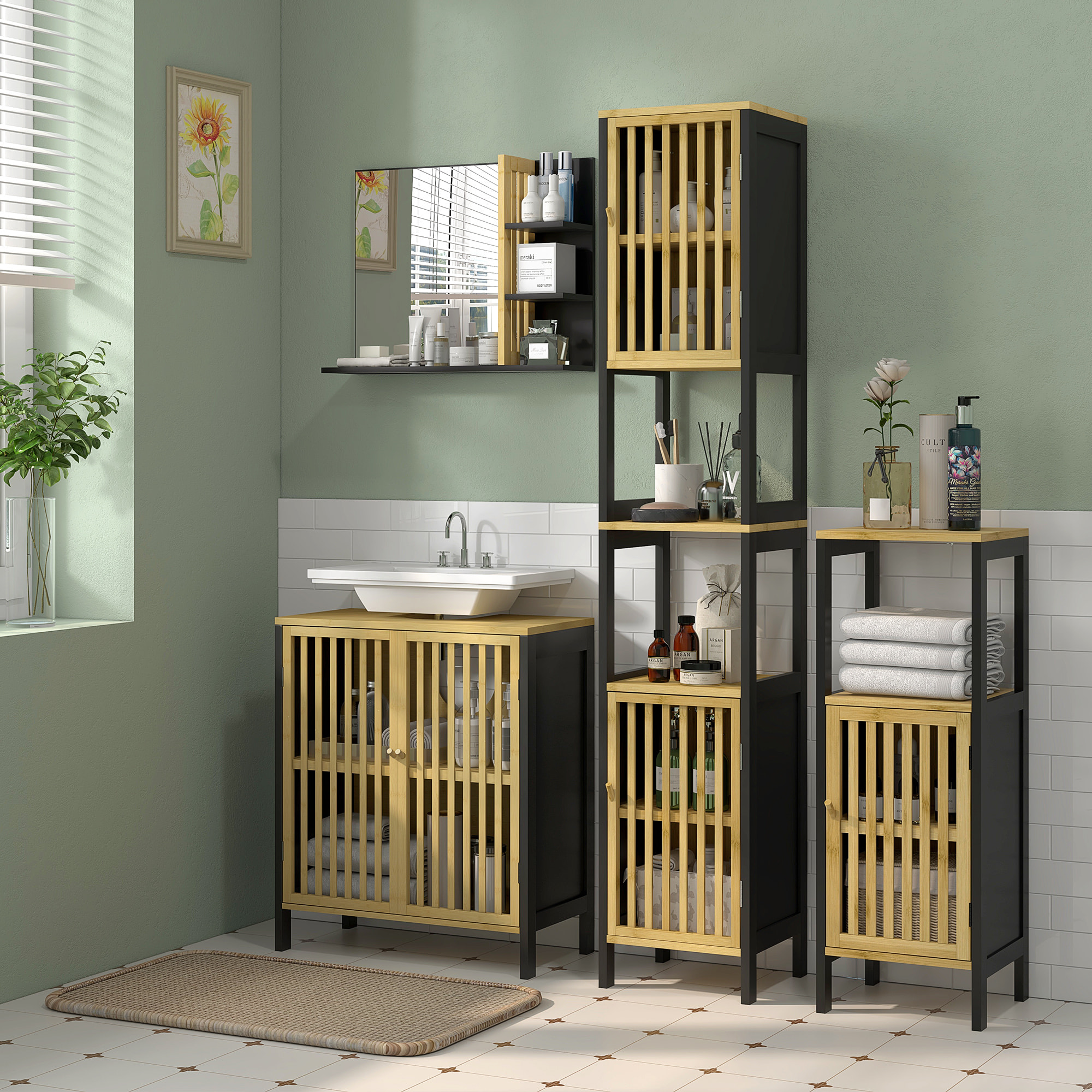 Meuble colonne salle de bain 2 portes 4 étagères MDF noir bambou verni