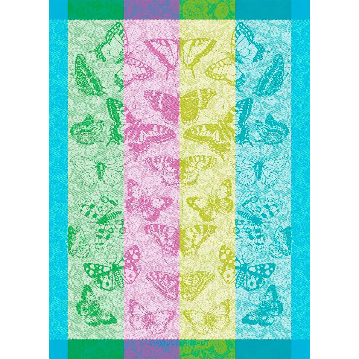 Torchon pur coton motif jacquard bleu vert Beaux papillons aquatique