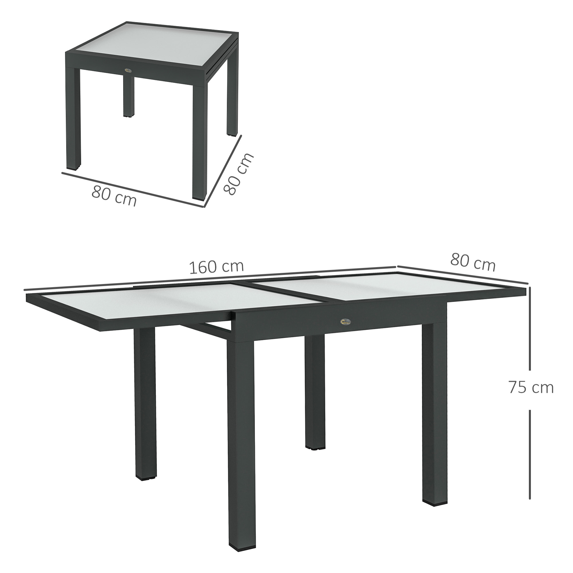 Table extensible de jardin grande taille dim. dépliées 160L x 80l x 75H cm alu métal époxy anthracite plateau verre trempé transparent