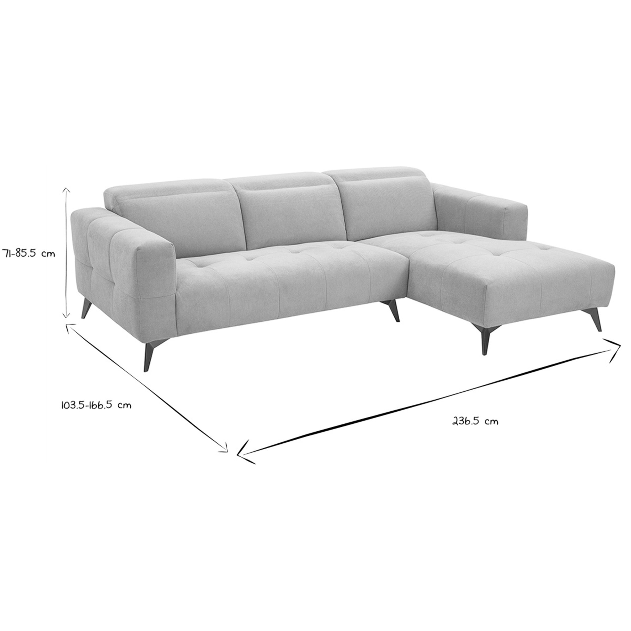 Canapé d'angle droit 3 places avec têtières ajustables en tissu chenille beige et métal NORELL