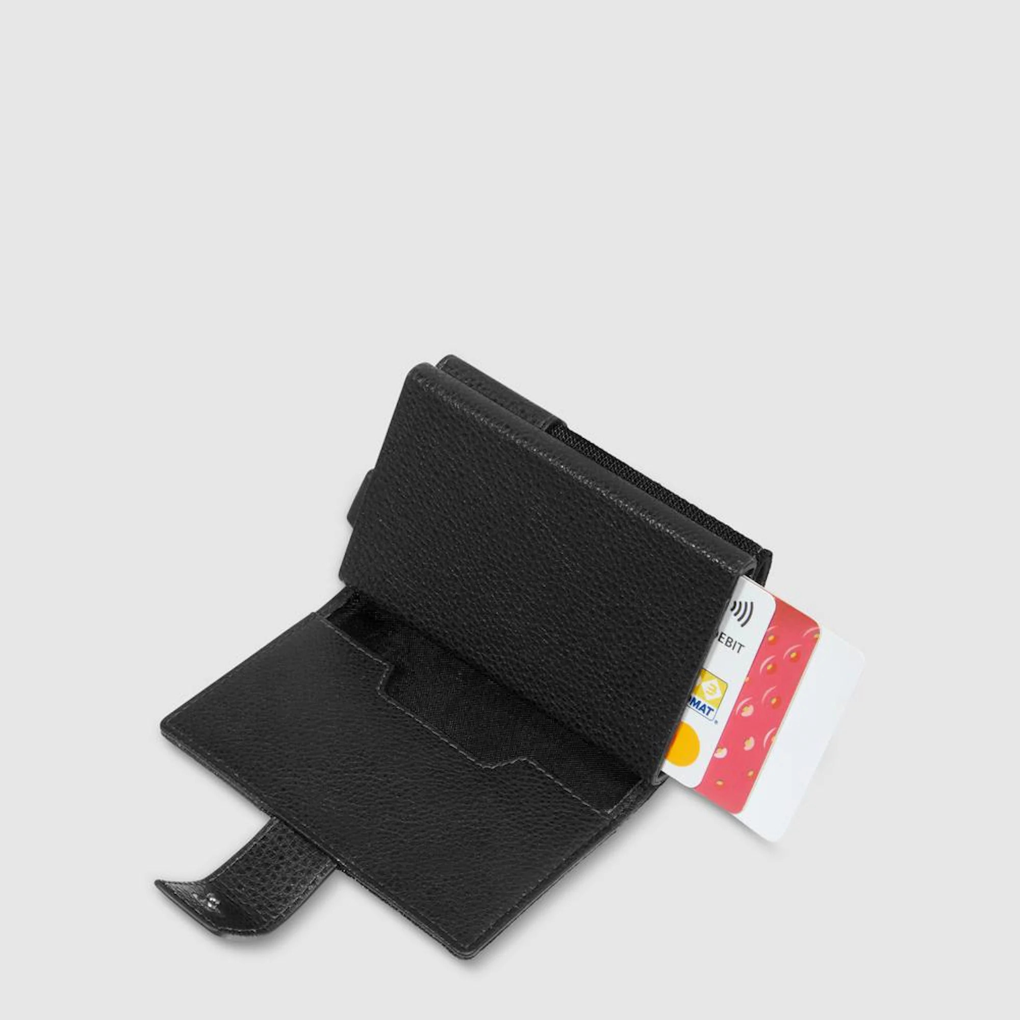 Piquadro Portacarte automatico in pelle e in tessuto riciclato, schermato con protezione RFID