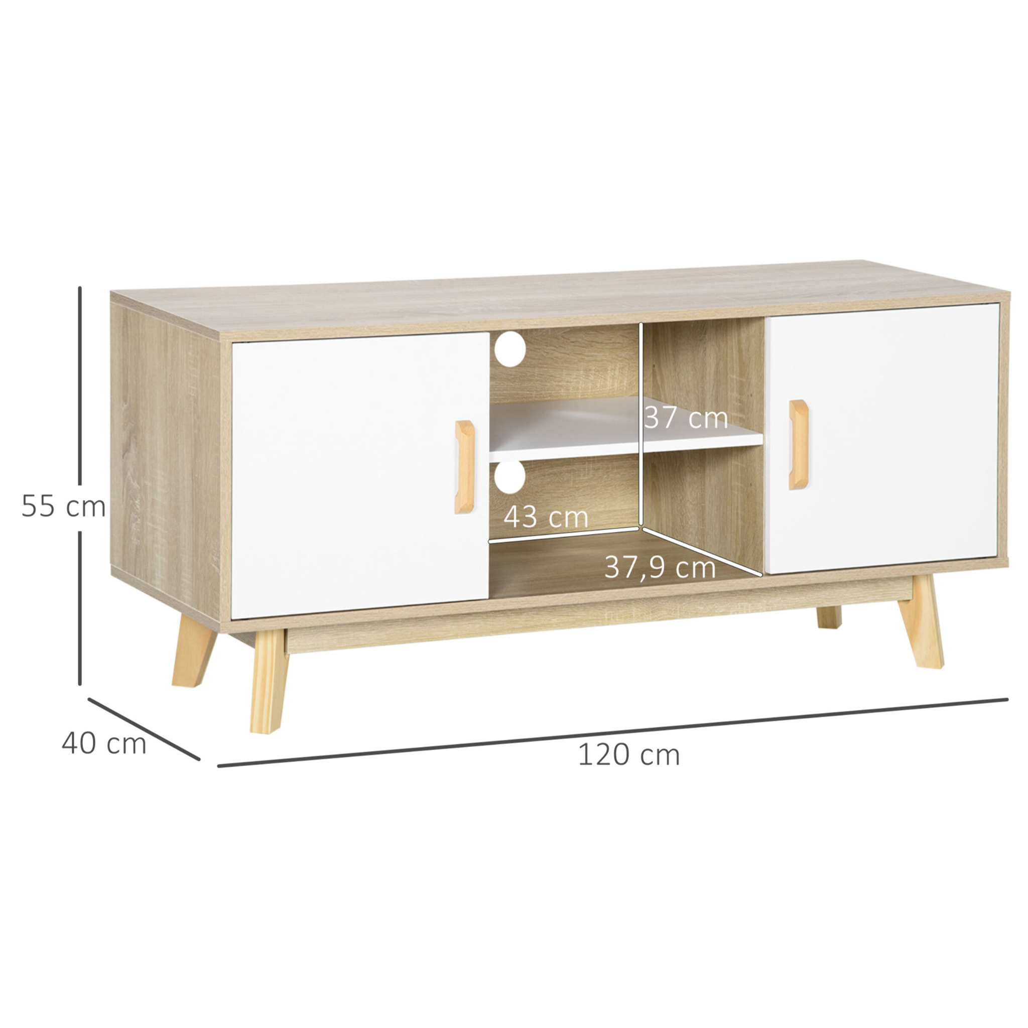 HOMCOM Mueble de TV para Televisores de hasta 55 Pulgadas Mesa para TV de Salón Moderna con 2 Puertas 2 Estantes Abiertos y Balda Interior Ajustable para Dormitorio 120x40x55 cm Natural y Blanco