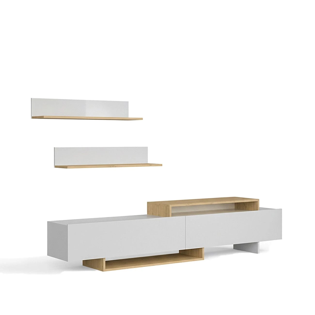 Salón Bender con mueble TV y estanterías blanco artik alpino 200 cm Blanco Artik (Blanco Mate) - Alpino