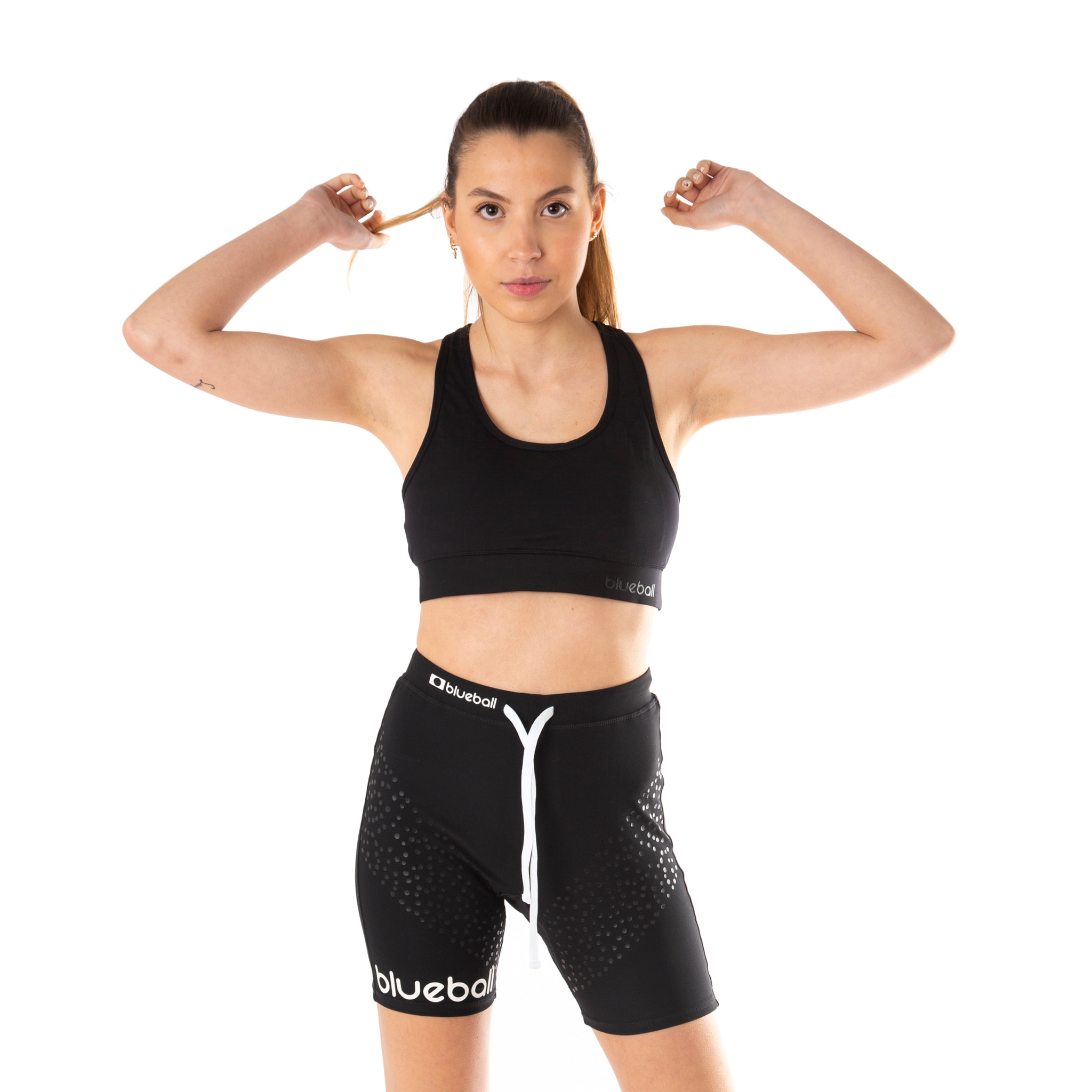 LEGGINGS DE COMPRESIÓN RUNNING PARA MUJER DE LARGO CORTO BLUEBALL EN NEGRO CON LOGO BLANCO Y CUERDAS