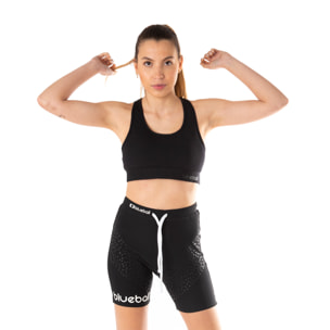 LEGGINGS DE COMPRESIÓN RUNNING PARA MUJER DE LARGO CORTO BLUEBALL EN NEGRO CON LOGO BLANCO Y CUERDAS