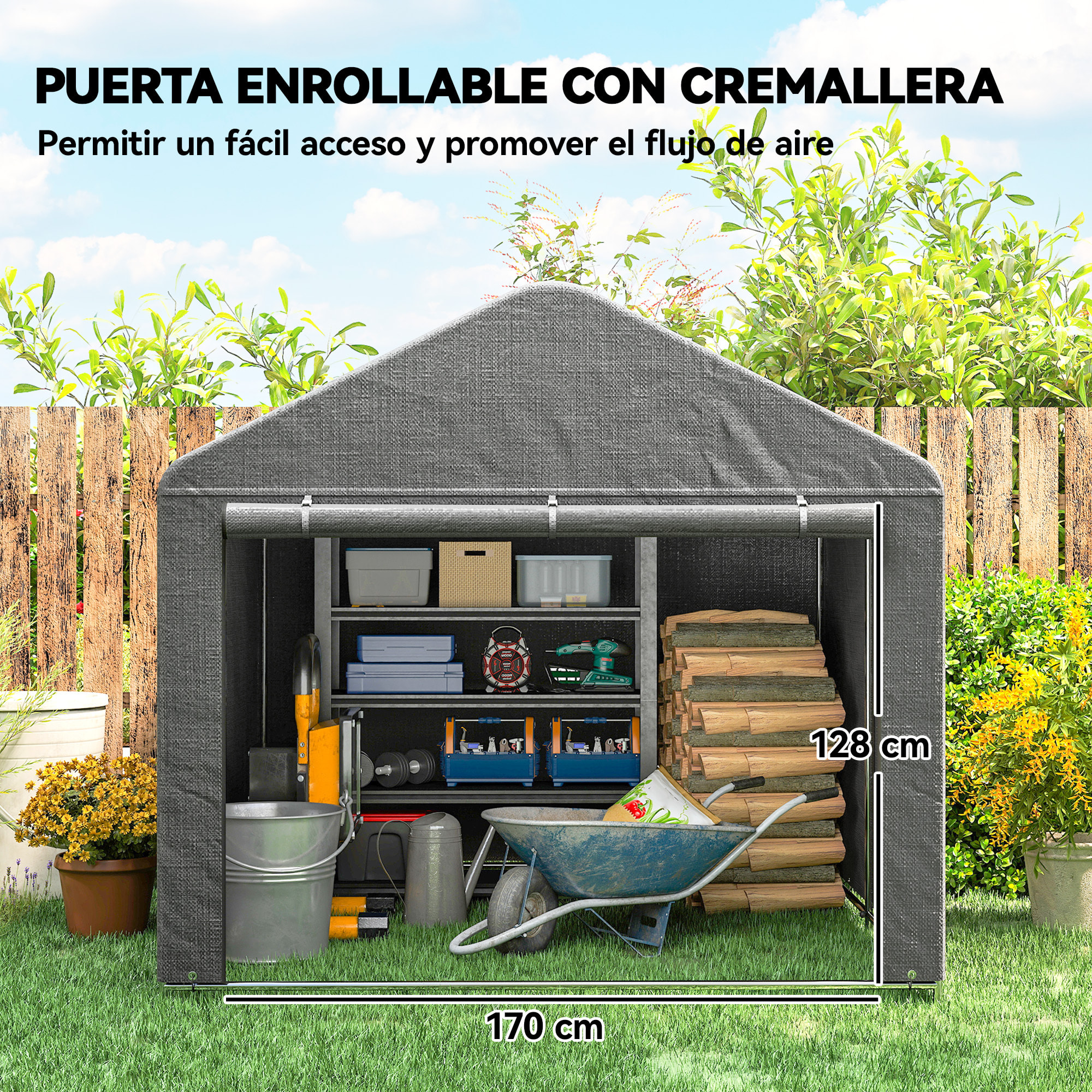 Carpa de Jardín Exterior para Herramientas, Bicicletas, 2,4x2x2 m, Cobertizo Exterior con Marco Metal Galvanizado, Puerta Enrollable con Cremallera, Impermeable, UV30+, Garaje Portátil, Gris