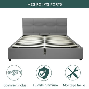 Lit coffre Macao avec tête de lit | Espace de Stockage jusqu'à 900 L | Robuste et Large Angle d’Ouverture | Simili Cuir | Gris